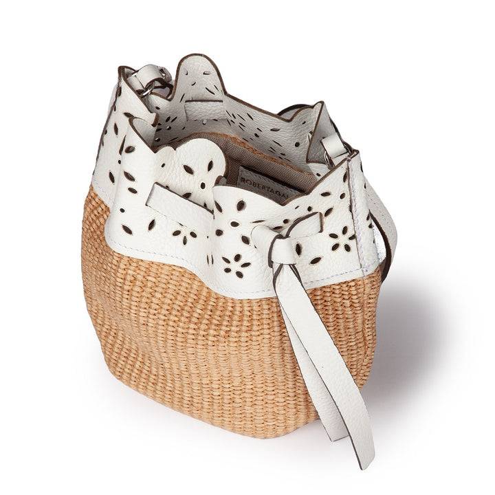 Roberta Gandolfi Diletta Mini Bucket in rafia con balza in pelle laserata con tracolla staccabile Economico