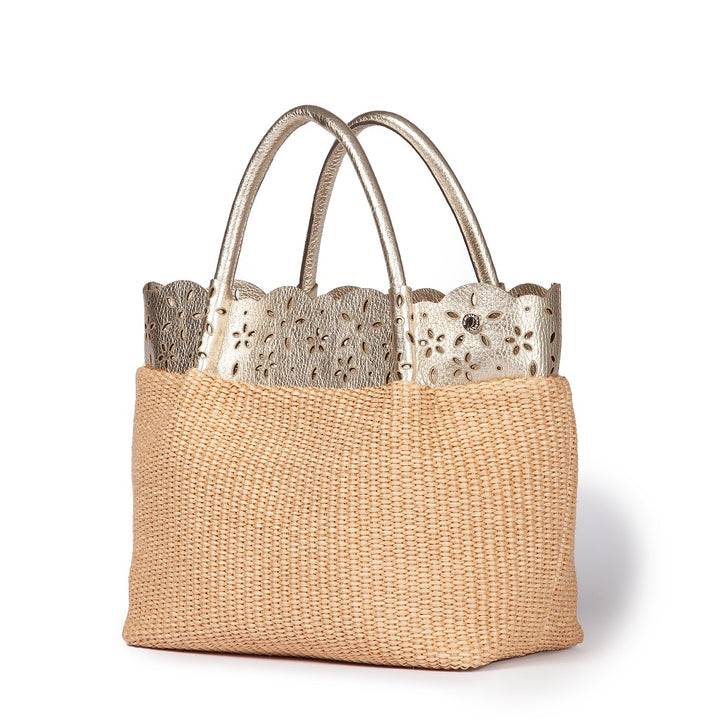 Roberta Gandolfi Diletta Handbag in rafia con balza in pelle laserata con tracolla staccabile In Vendita