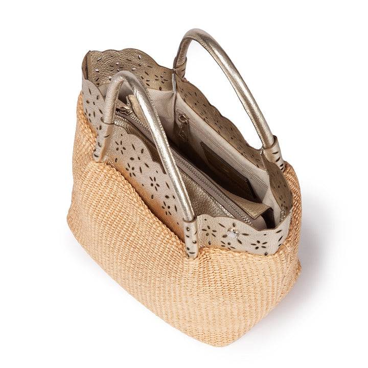 Roberta Gandolfi Diletta Handbag in rafia con balza in pelle laserata con tracolla staccabile In Vendita