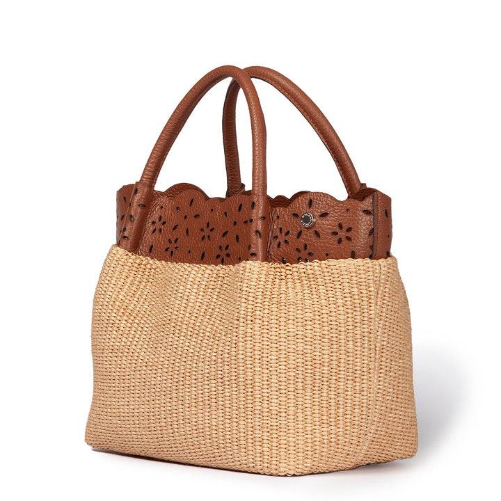 Roberta Gandolfi Diletta Handbag in rafia con balza in pelle laserata con tracolla staccabile Saldi