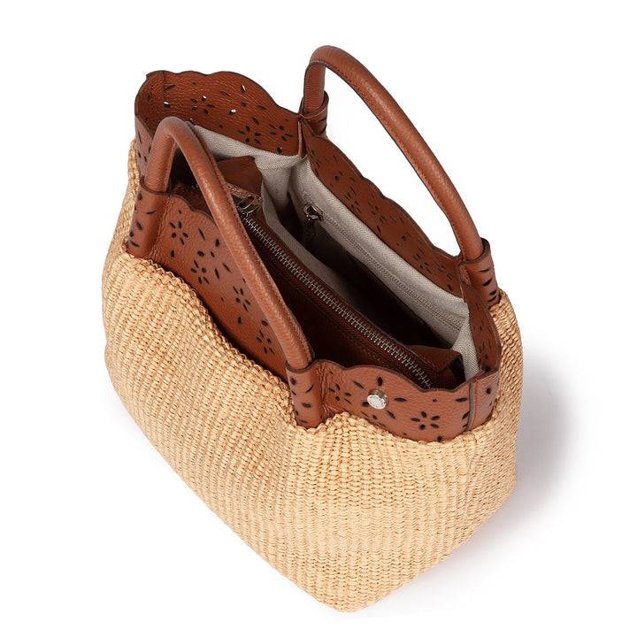 Roberta Gandolfi Diletta Handbag in rafia con balza in pelle laserata con tracolla staccabile Saldi