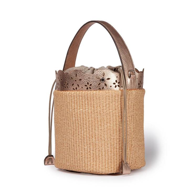 Roberta Gandolfi Diletta Bucket in rafia con balza in pelle laserata con tracolla staccabile Vendite stagionali