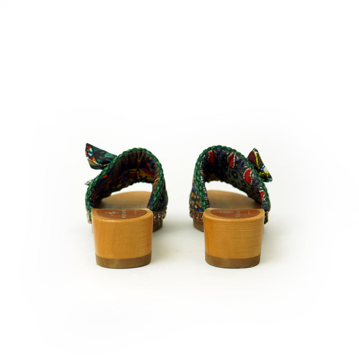Roberta Gandolfi Lola Sabot sandali in legno con rafia e pelle di vitello con fiocco stampa african Fino Al -60%