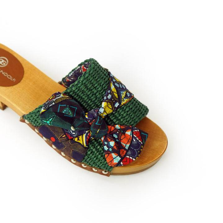 Roberta Gandolfi Lola Sabot sandali in legno con rafia e pelle di vitello con fiocco stampa african Fino Al -60%