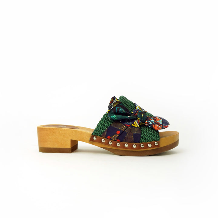 Roberta Gandolfi Lola Sabot sandali in legno con rafia e pelle di vitello con fiocco stampa african Fino Al -60%