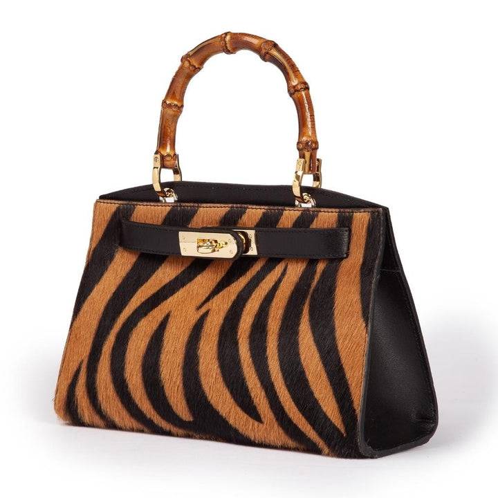 Roberta Gandolfi Lola Pony small borsa in pelle stampa animalier con manico in vero legno di bambù e tracolla staccabile Presa