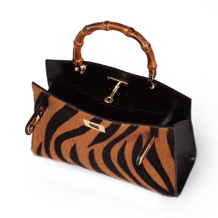 Roberta Gandolfi Lola Pony small borsa in pelle stampa animalier con manico in vero legno di bambù e tracolla staccabile Presa