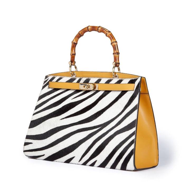 Roberta Gandolfi Lola Pony Large borsa in pelle stampa animalier con manico in vero legno di bambù e tracolla staccabile Sconto