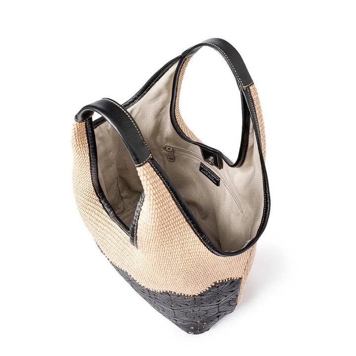 Roberta Gandolfi Giulia Hobo in rafia e pelle il pannello tagliato al laser è interamente cucito a mano Saldi