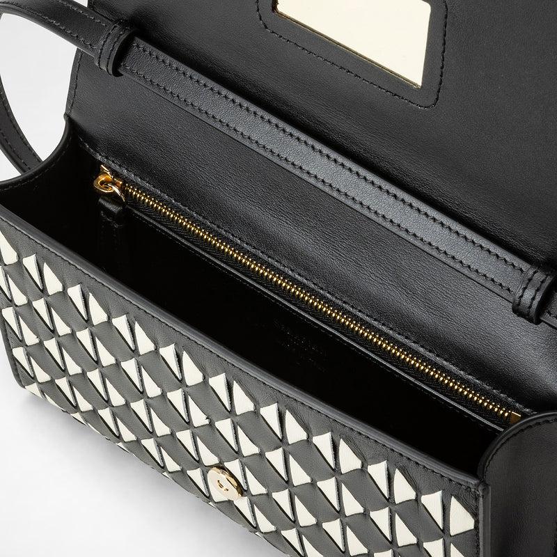 Serapian Clutch con tracolla in mosaico nero-panna Presa