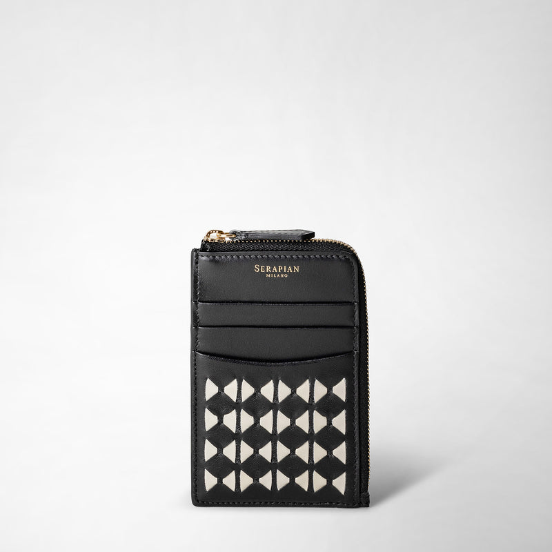 Serapian Portacarte con zip in mosaico nero-panna