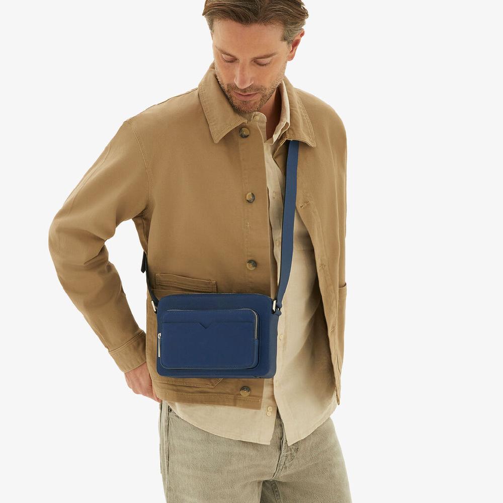 Valextra Borsa reporter da Uomo in Pelle Blu Zaffiro | Valextra V-Line Vendita Economica