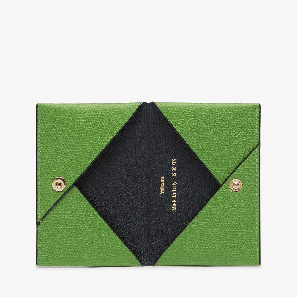 Valextra Porta carte con Bottone di Lusso in Pelle Verde e Nera | Valextra In Linea