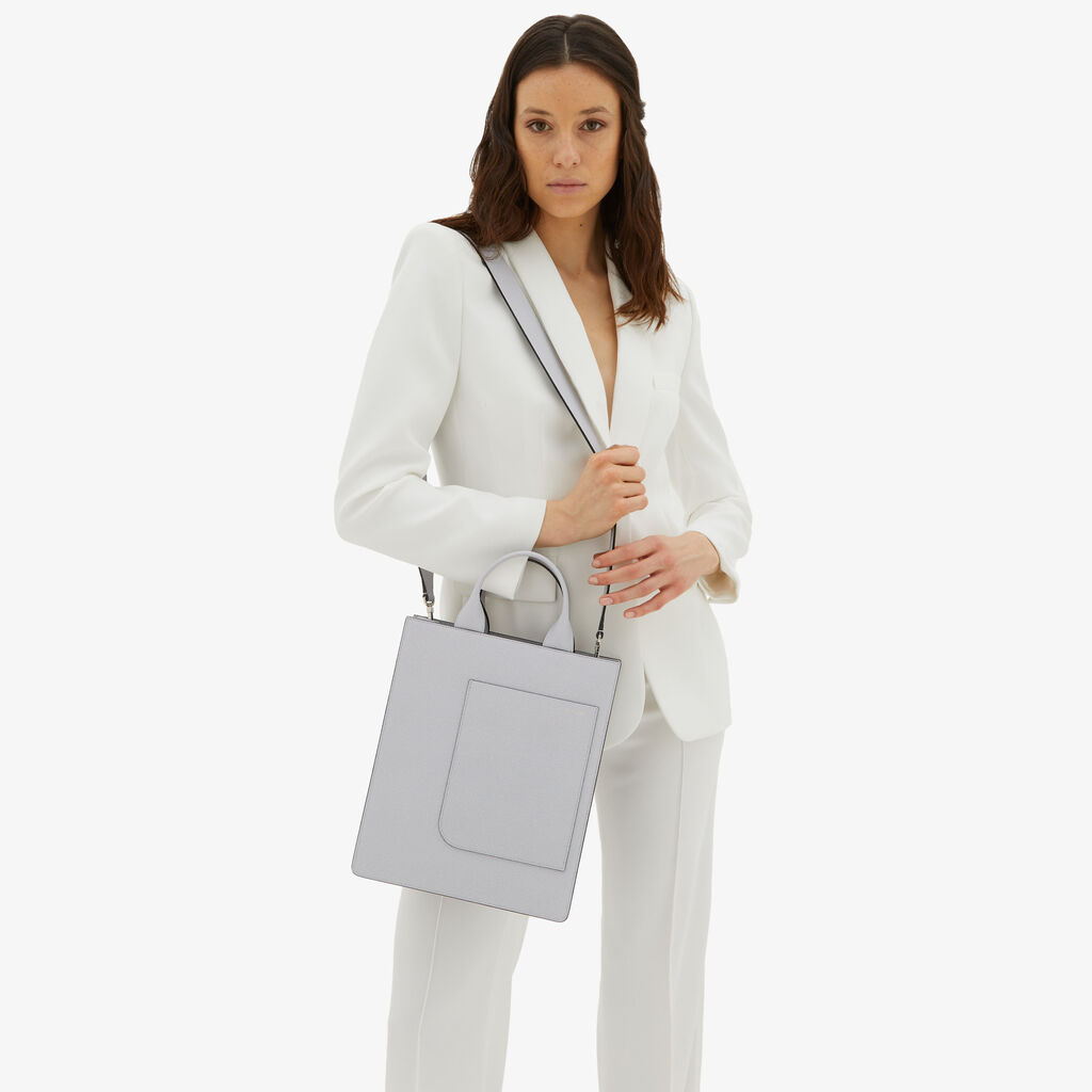 Valextra Borsa Mini in Pelle Grigia con tasca esterna | Valextra Boxy Vendita Economica