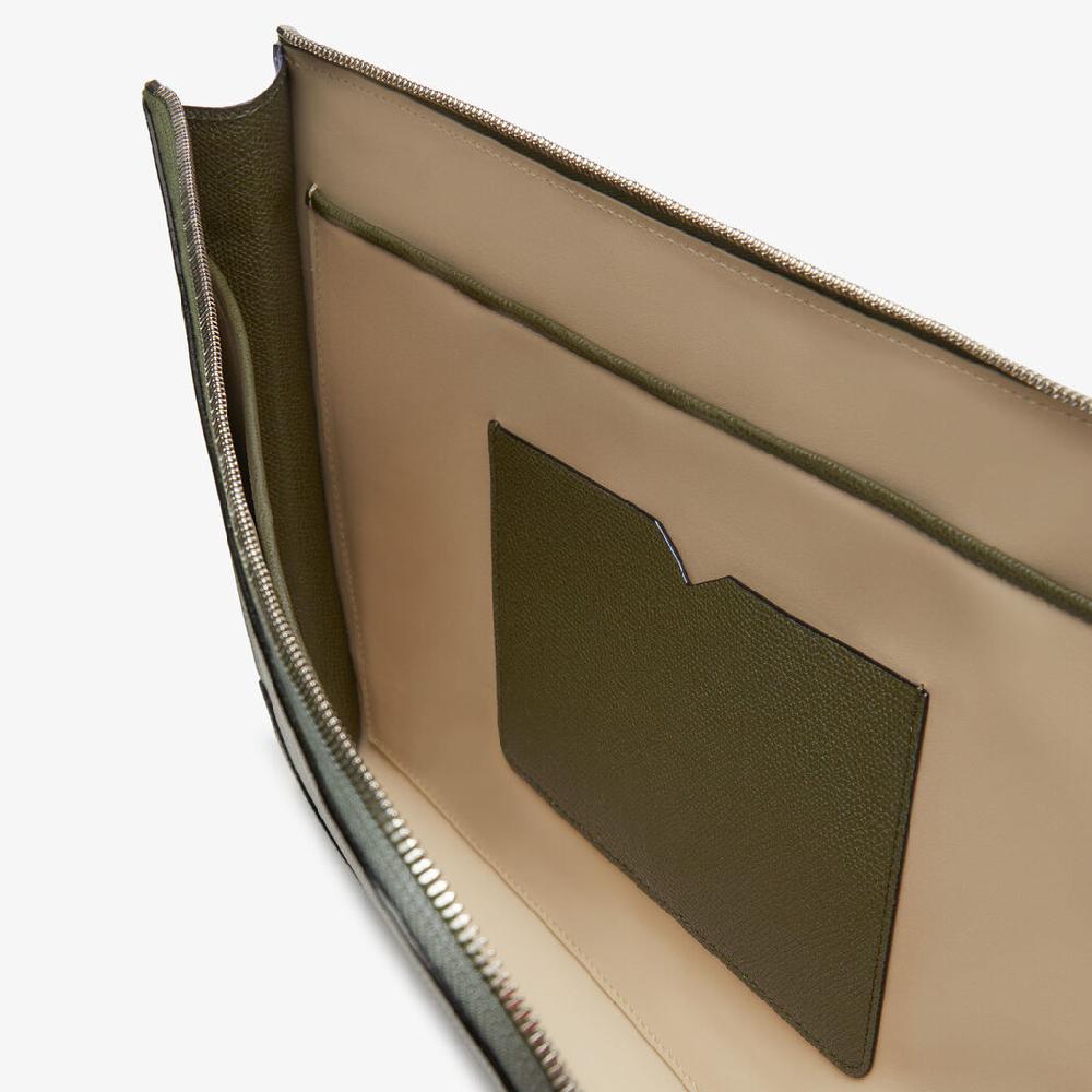 Valextra Portfolio da Uomo in Pelle Verde Militare | Valextra My Logo Vendita Calda