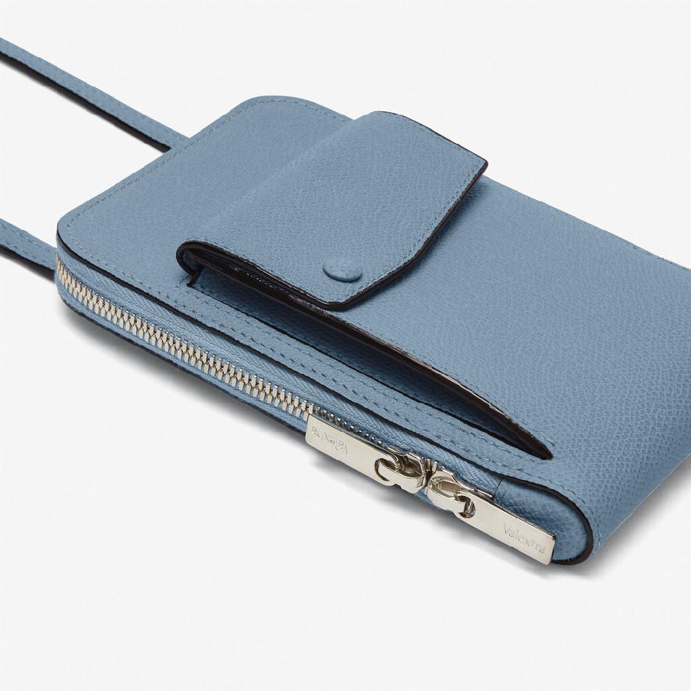 Valextra Porta telefono in Pelle Azzurra con tracolla | Valextra Pocket Presa