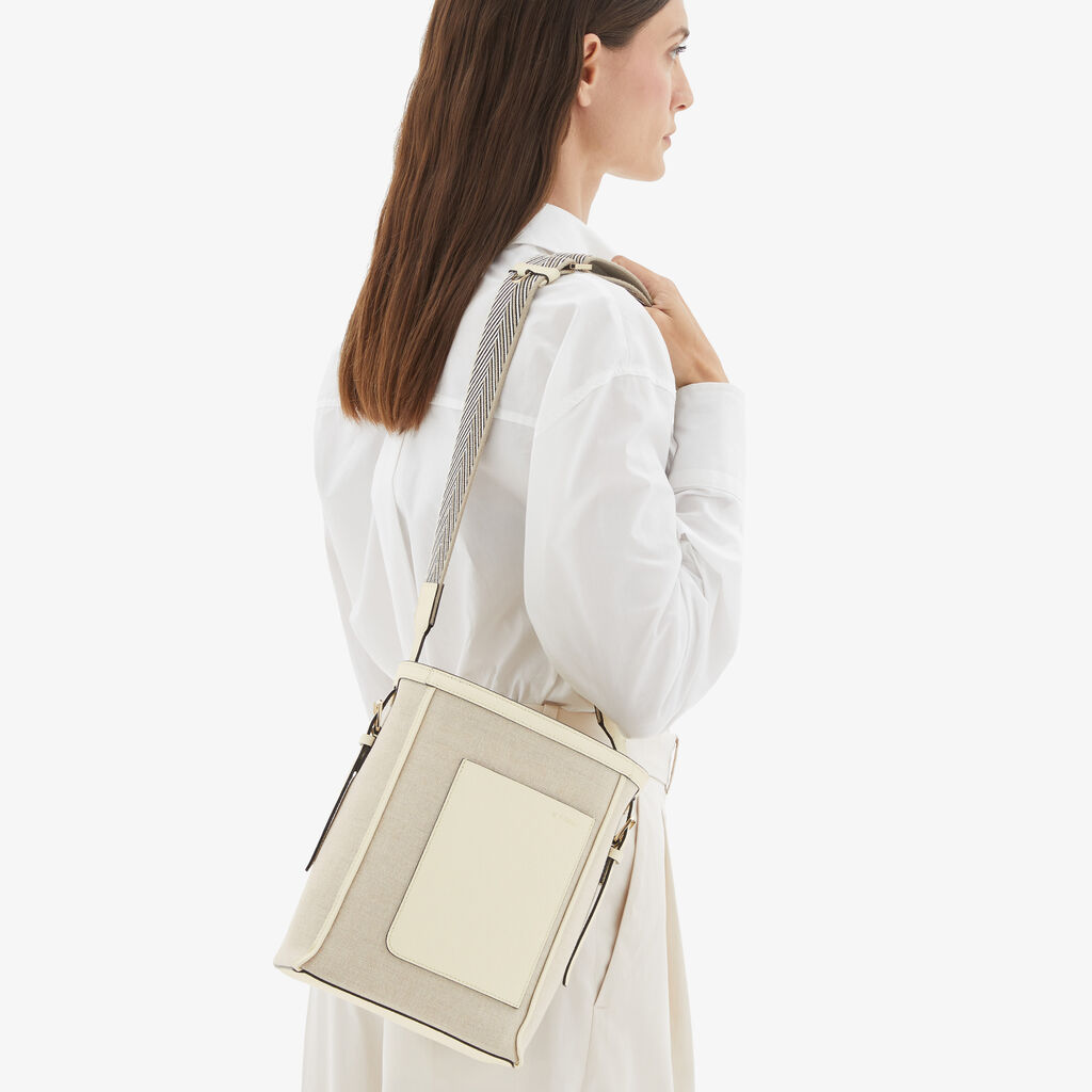 Valextra Borsa a secchiello da Donna in Tela Bianca e Beige | Valextra Soft In Vendita