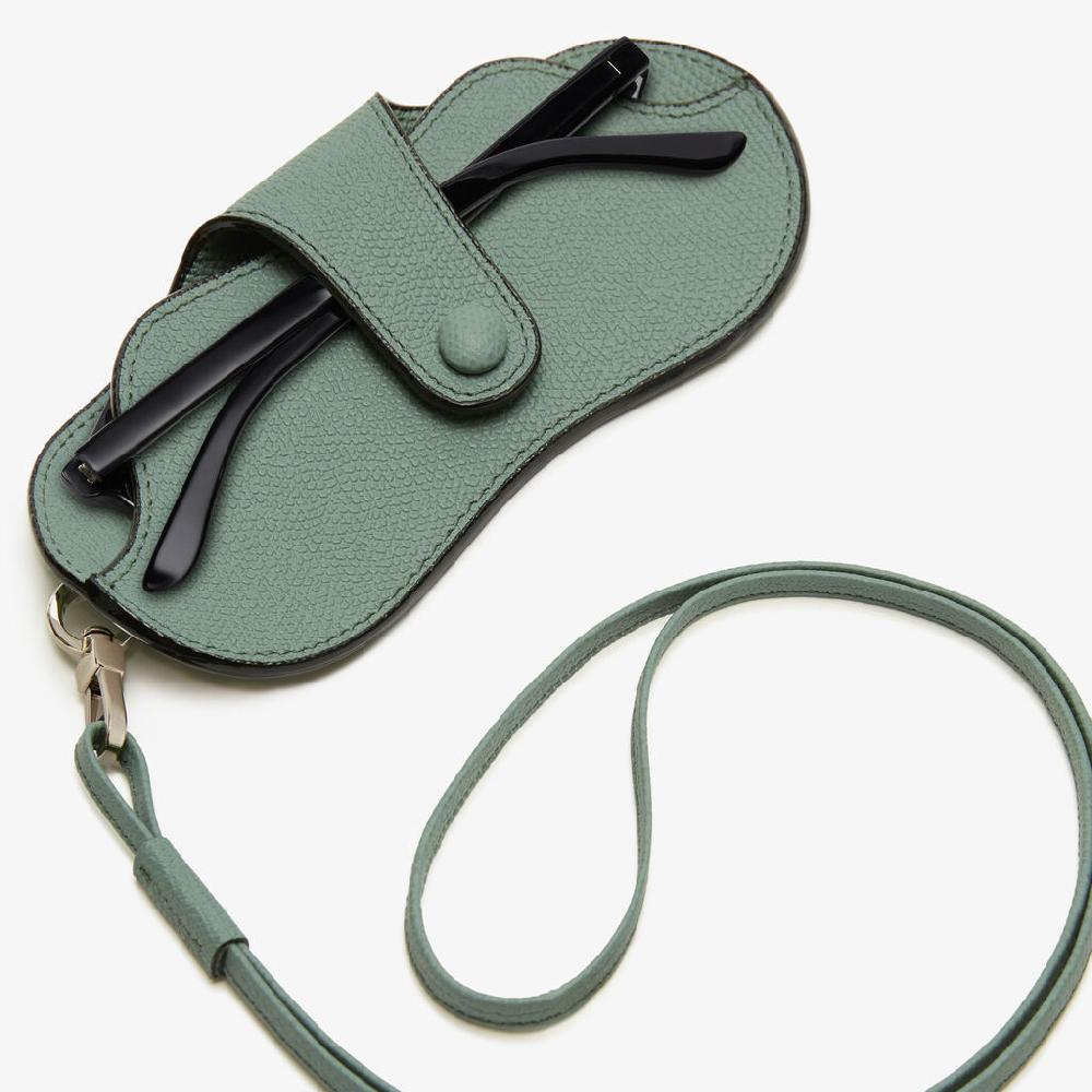Valextra Porta Occhiali Con Tracolla | Pelle di vitello Millepunte | Verde Eucalipto | Valextra Online Outlet