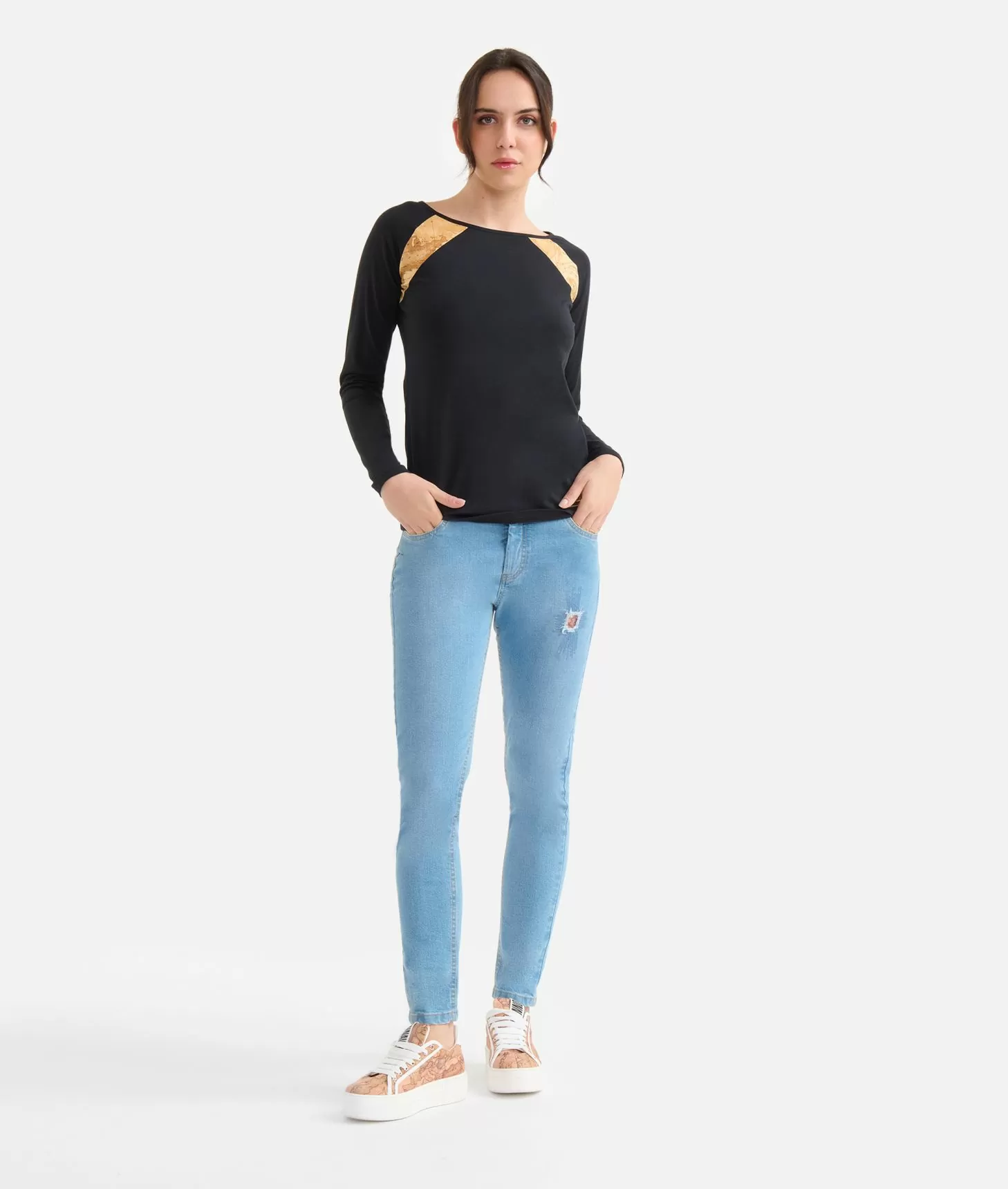 Alviero martini 1a classe T-shirt a maniche lunghe in jersey di cotone stretch con spicchi Geo Classic Nera