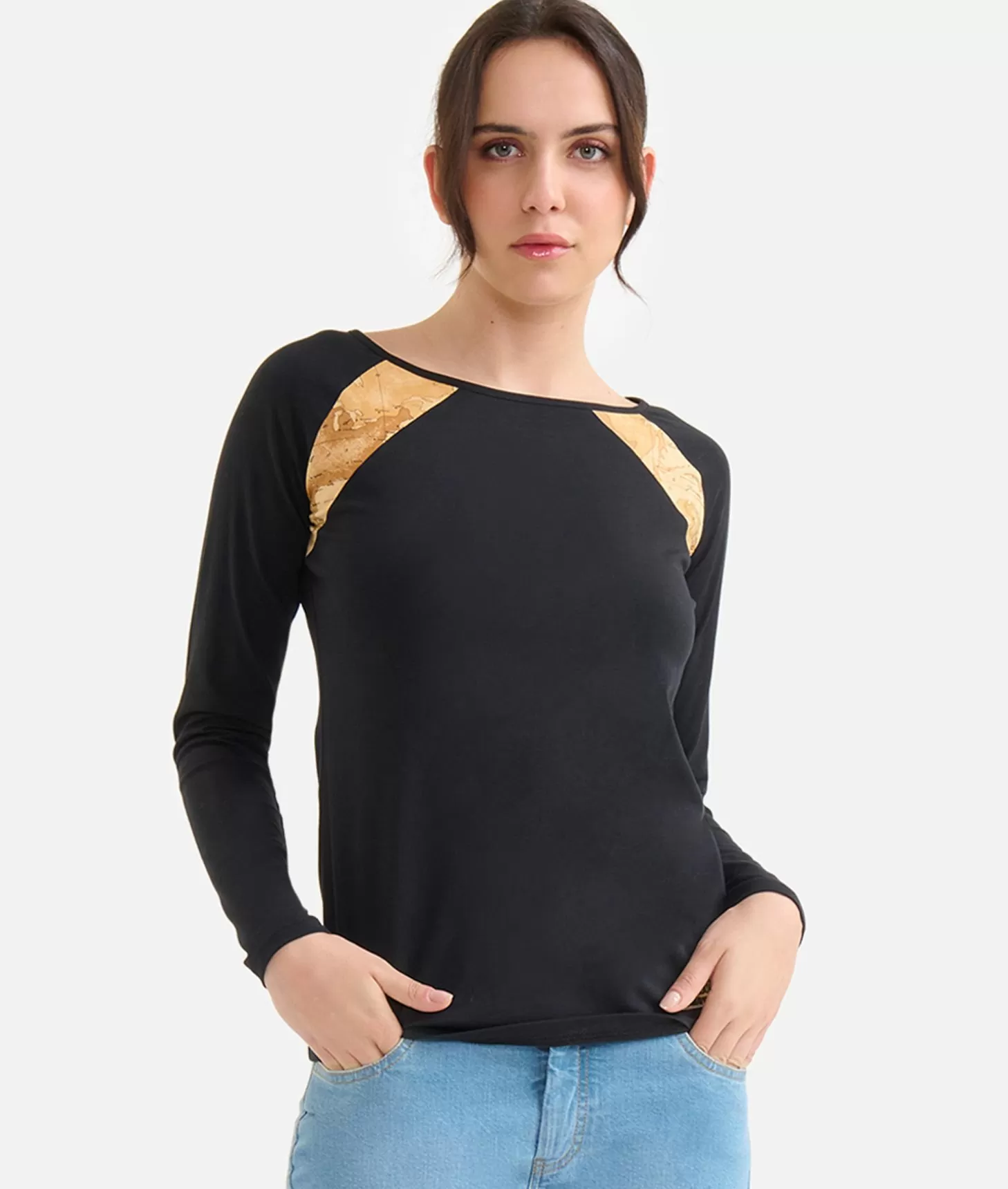 Alviero martini 1a classe T-shirt a maniche lunghe in jersey di cotone stretch con spicchi Geo Classic Nera Qualità