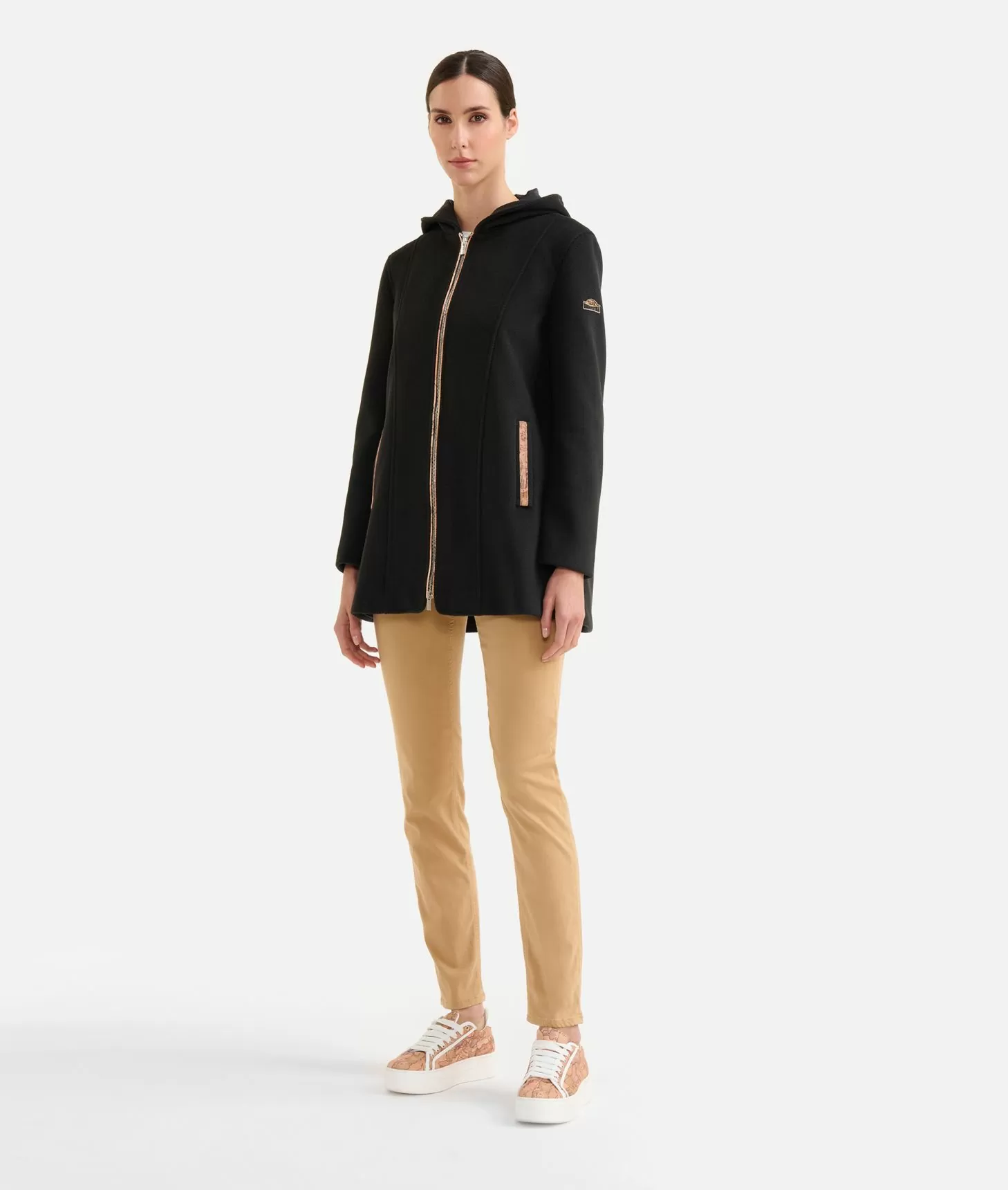 Alviero martini 1a classe Cappotto midi in panno diagonale con patch Donnavventura Nero