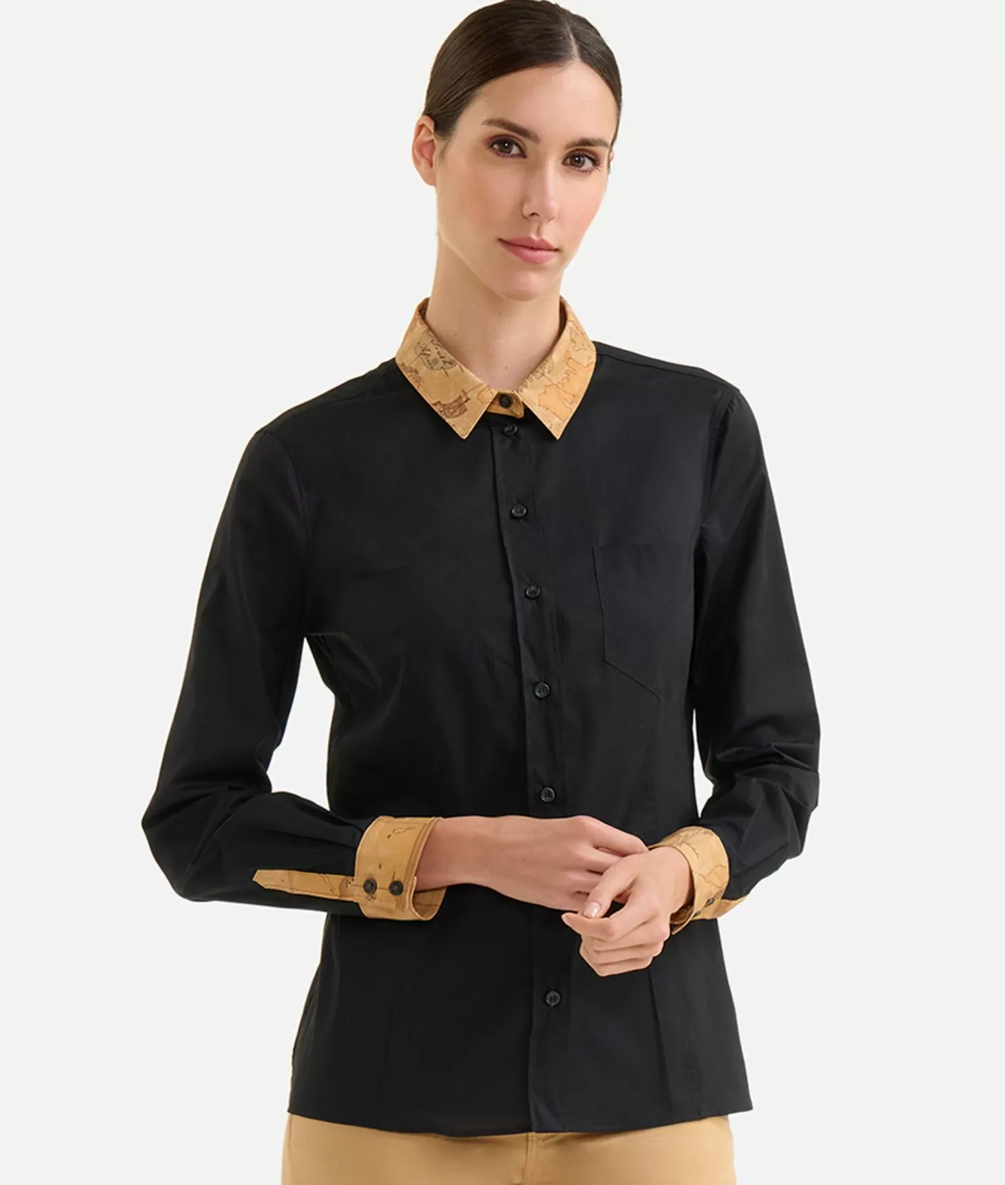 Alviero martini 1a classe Camicia in popeline di cotone stretch con dettagli Geo Classic Nera Presa