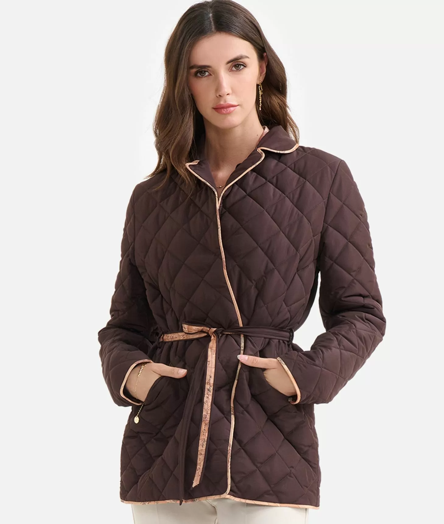 Alviero martini 1a classe Giacca imbottita con cintura in nylon Cioccolato Pezzi Unici