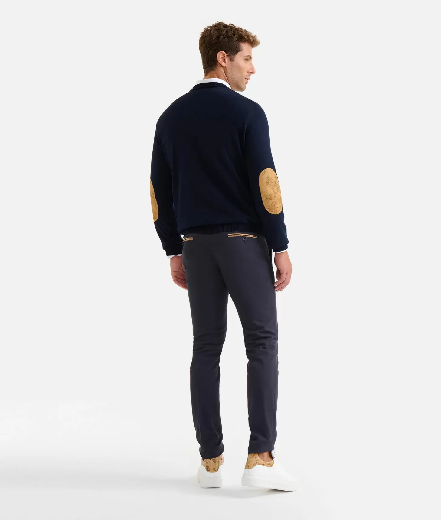 Alviero martini 1a classe Girocollo in filato misto lana con toppe Geo Classic Blu Notte In Vendita