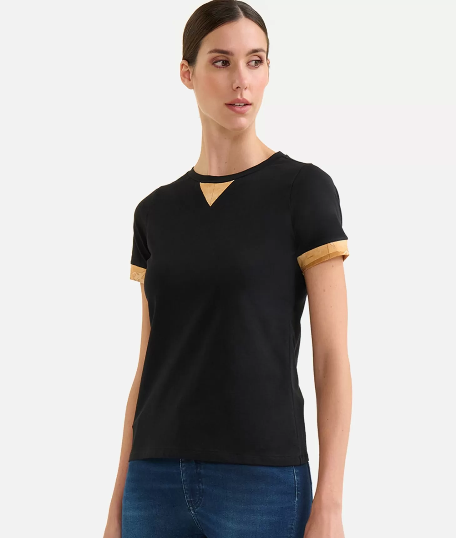 Alviero martini 1a classe T-shirt in jersey di cotone stretch con dettaglio Geo Classic Nera Trasporto libero internazionale