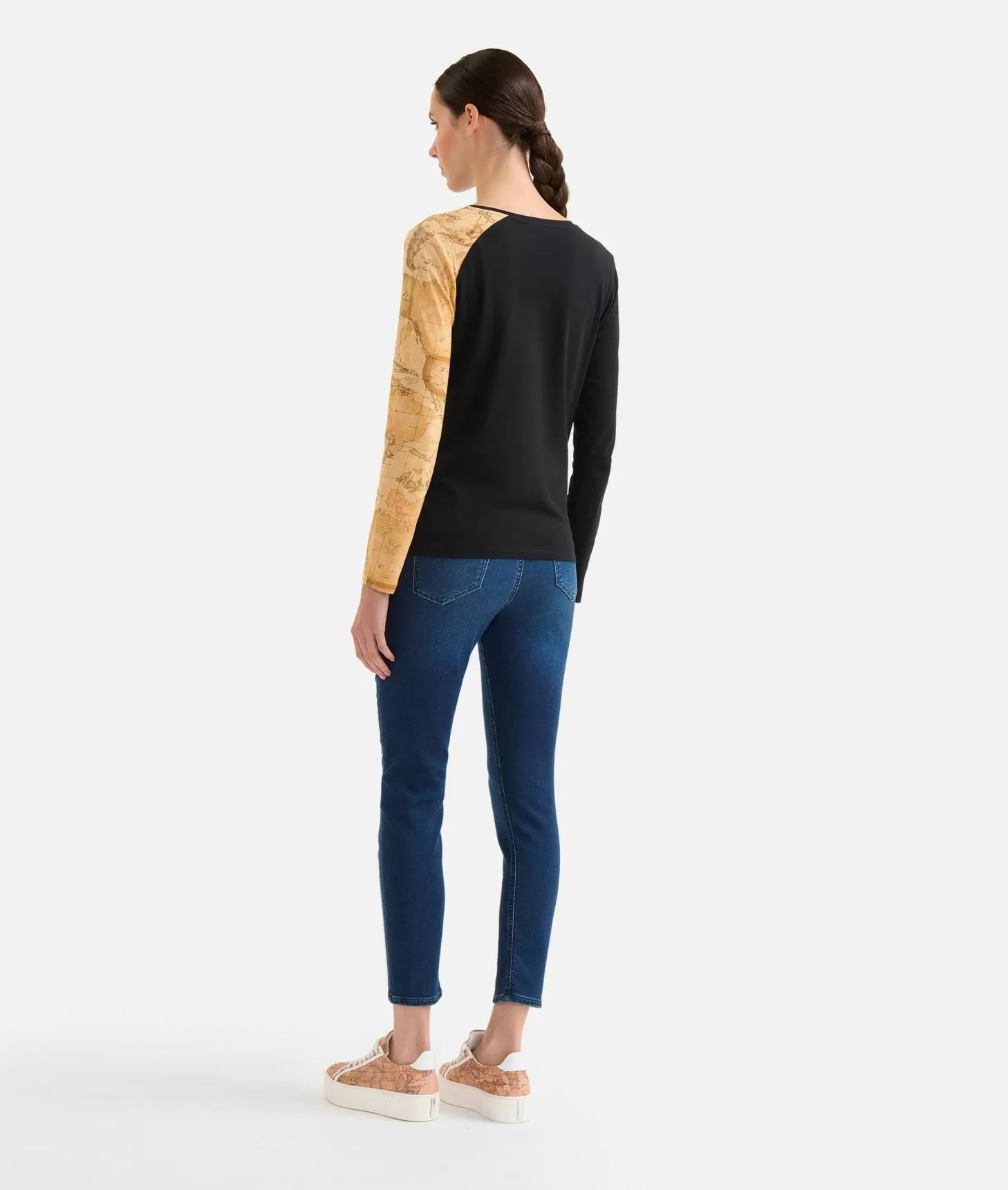 Alviero martini 1a classe T-shirt in jersey di cotone stretch con manica Geo Classic Nera In vendita