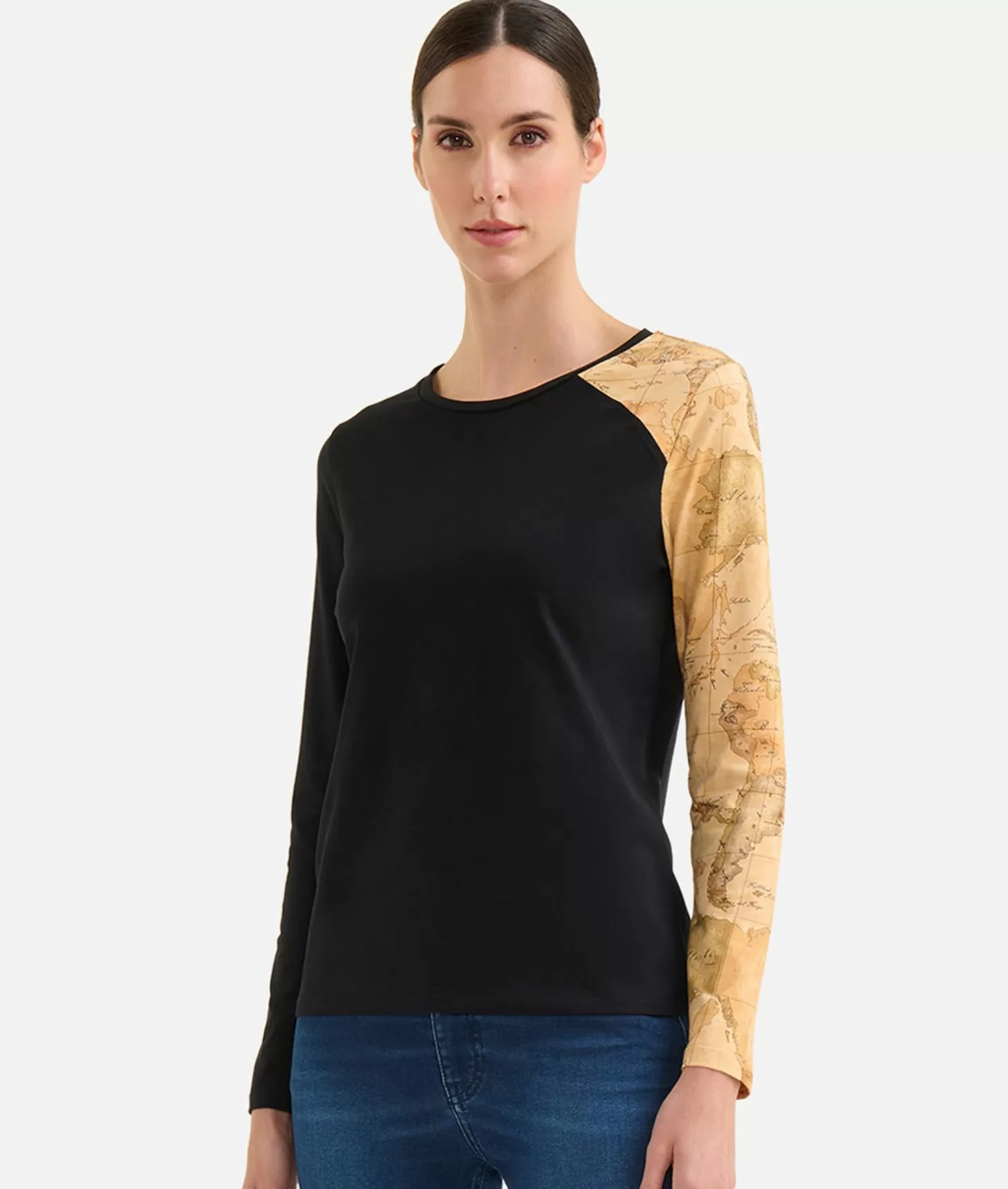 Alviero martini 1a classe T-shirt in jersey di cotone stretch con manica Geo Classic Nera In vendita