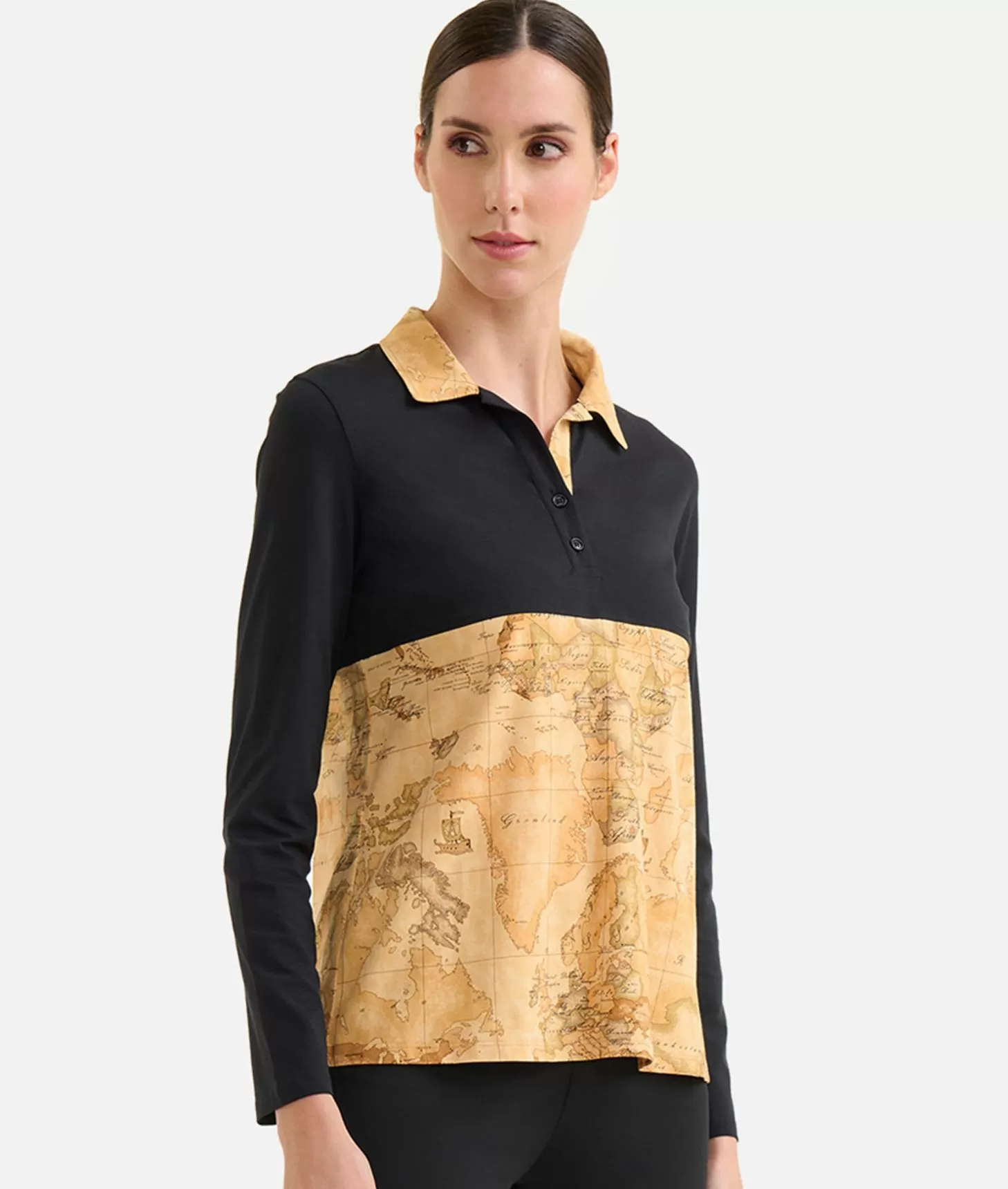 Alviero martini 1a classe Polo bimaterica a maniche lunghe in jersey di cotone stretch Nera Duty-free